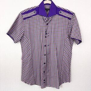 Bogosse Mens Button Short Sleeve Shirt Size M Check Plaid 100% Cotton Purple